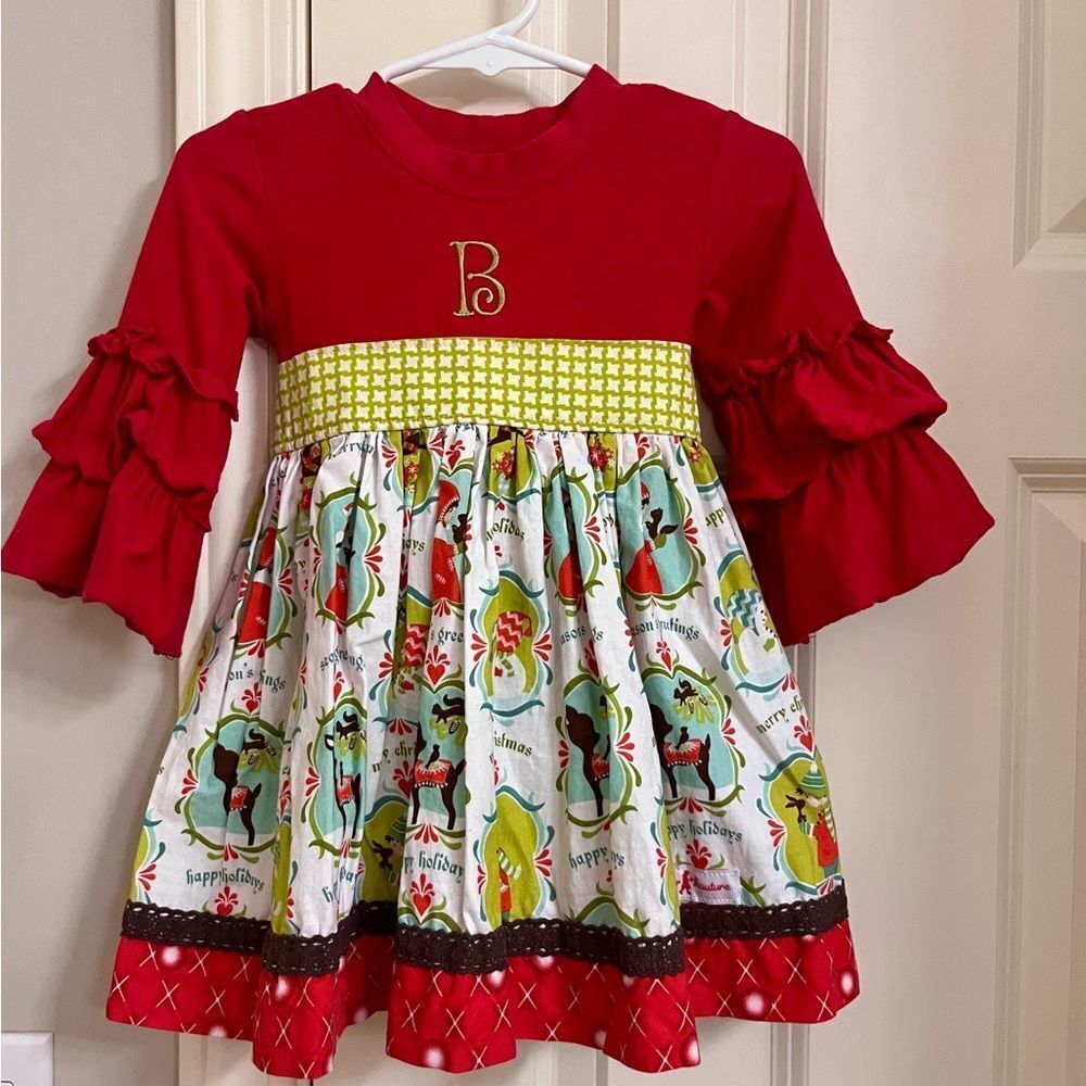 Girls 100% Cotton Christmas Holiday Dress Monogram B Seasons Greetings 12M